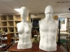 TWO DRESS/TAILORS TORSO DUMMIES OF A MALE AND FEMALE
