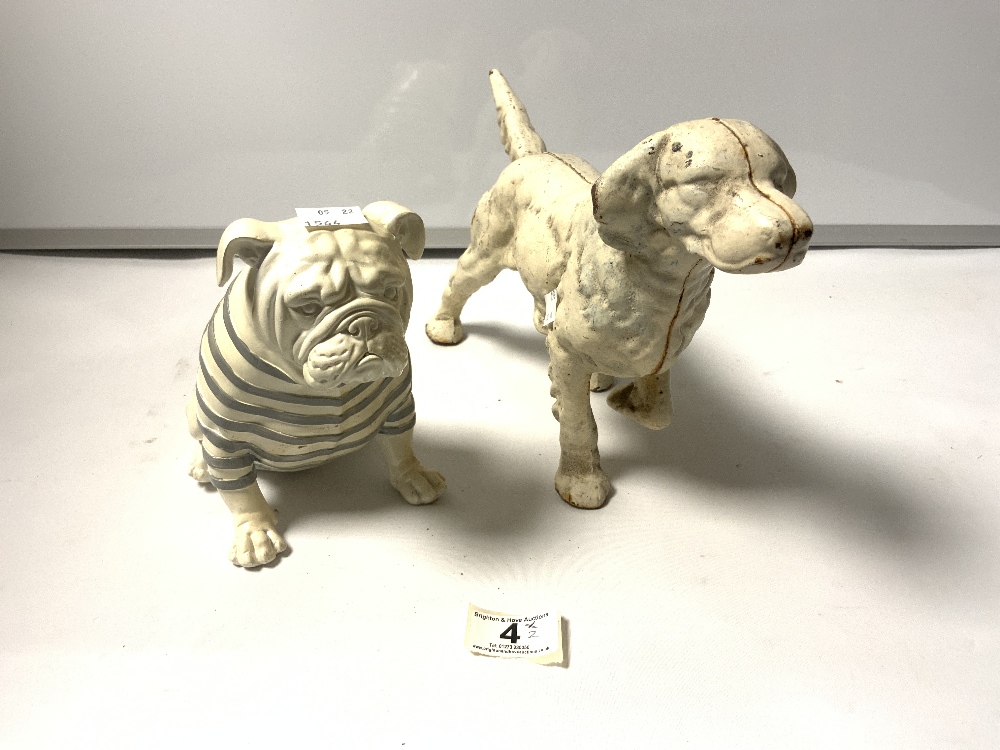 A CAST IRON FIGURE OF A RETRIEVER, 38 X 22CMS, AND A PLASTER FIGURE OF A BULLDOG