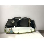 A 1950S SHAPED BEVELLED WALL MIRROR WITH PAINTED FIGURE DECORATION, 68 X 38CMS