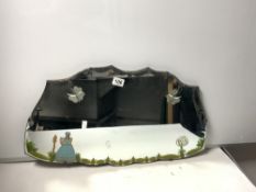A 1950S SHAPED BEVELLED WALL MIRROR WITH PAINTED FIGURE DECORATION, 68 X 38CMS