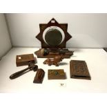 OAK STAR OF DAVID GONG, A WOODEN GAVEL, CARVED LION ETC