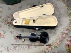 AN AS NEW BLACK VIOLIN IN CASE AND A BOW