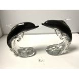 RONNET SWEDEN - TWO ART GLASS FIGURES OF DOLPHINS - SIGNED TO BASES, 28CMS