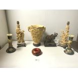 A PAIR OF RESIN FIGURES (LAMPS), A RESIN VASE, A RED LACQUER BOX, AN ELEPHANT FIGURE AND A PAIR OF