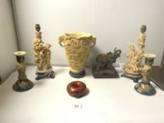 A PAIR OF RESIN FIGURES (LAMPS), A RESIN VASE, A RED LACQUER BOX, AN ELEPHANT FIGURE AND A PAIR OF