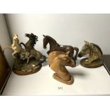 A RESIN HORSE GROUP OF STALLIONS FIGHTING (A/F), 40CMS, A RESIN HORSE BUST, AND A CARVED WOODEN