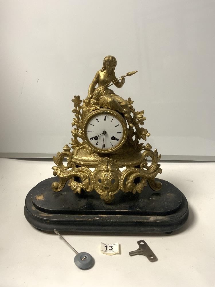 A LATE 19TH CENTURY FRENCH SPELTER FIGURAL CLOCK WITH ENAMEL DIAL, 30 CMS MAKER - DAMOULINNEN