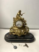 A LATE 19TH CENTURY FRENCH SPELTER FIGURAL CLOCK WITH ENAMEL DIAL, 30 CMS MAKER - DAMOULINNEN