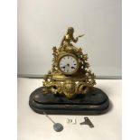 A LATE 19TH CENTURY FRENCH SPELTER FIGURAL CLOCK WITH ENAMEL DIAL, 30 CMS MAKER - DAMOULINNEN