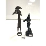 INDIAN BRONZE FIGURE OF A LADY PLAYING THE HORN, 29.5CMS AND ANOTHER PLAYING FLUTE, 24CMS