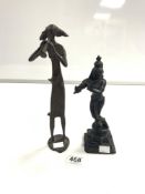 INDIAN BRONZE FIGURE OF A LADY PLAYING THE HORN, 29.5CMS AND ANOTHER PLAYING FLUTE, 24CMS