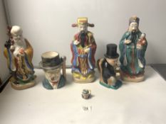 THREE CHINESE CERAMIC FIGURES OF WISEMEN, 38CMS AND A CHURCHILL CHARACTER MUG AND JUG