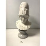 A WHITE 20TH CENTURY CERAMIC BUST OF 'MINERVA' ON A MARBLE STYLE BASE (MONOGRAMMED), 48CMS