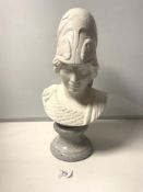 A WHITE 20TH CENTURY CERAMIC BUST OF 'MINERVA' ON A MARBLE STYLE BASE (MONOGRAMMED), 48CMS