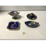 A COPELAND BLUE AND GILT CIRCULAR INK WELL (LINER A/F), A CARLTON WARE OVAL DISH, AND TWO OTHERS