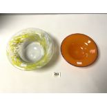 ART GLASS GREEN/WHITE AND CLEAR BOWL, SIGNED BY ROY FLAVILL 1975, 266CMS AND ORANGE GLASS BOWL
