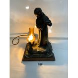 A REPRODUCTION BRONZE EFFECT GIN AND CAT FIGURAL LAMP WITH SIGNATURE - SCOLLE OR SCOTTE, 33CMS