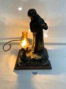 A REPRODUCTION BRONZE EFFECT GIN AND CAT FIGURAL LAMP WITH SIGNATURE - SCOLLE OR SCOTTE, 33CMS