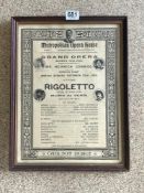 METROPOLITAN OPERA HOUSE ADVERTISING POSTER RIGOLETTO NOVEMBER 23RD 1903, 44 X 34CMS FRAMED AND