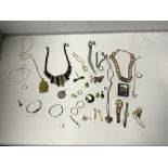 SILVER BRACELET, HORN NECKLACE, AND MIXED OTHER JEWELLERY, JADE PENDANT