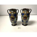 ANTIQUE SWISS 'ALT THOUNE' MAJOLICA TWO HANDLED VASES, DECORATED WITH OWLS AND FLOWERS, 23CMS