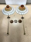 A PAIR OF LARGE LEADED LIGHT HANGING CEILING LIGHTS, 72CMS DIAMETER, SOME CRACKS TO PANELS