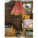 VINTAGE MAHOGANY BARLEY TWIST STANDARD LAMP WITH SILK SHADE