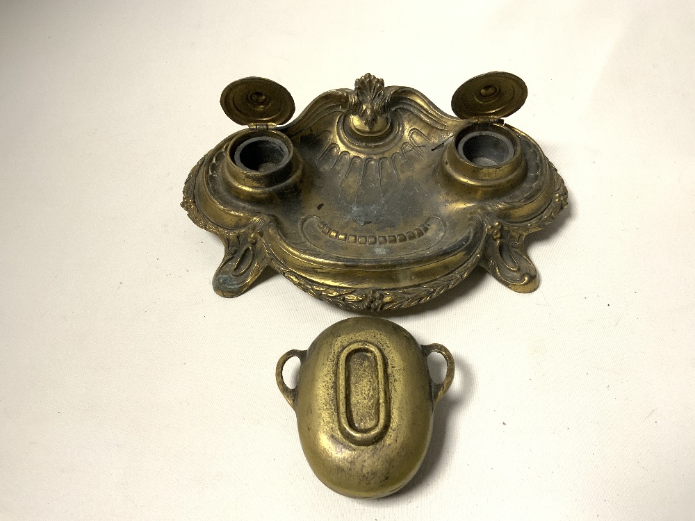 ORNATE BRASS DOUBLE INKSTAND, A BRASS DEVIL ASHTRAY, AND A SPELTER MODEL OF A FRENCH MACHINE - Image 3 of 5