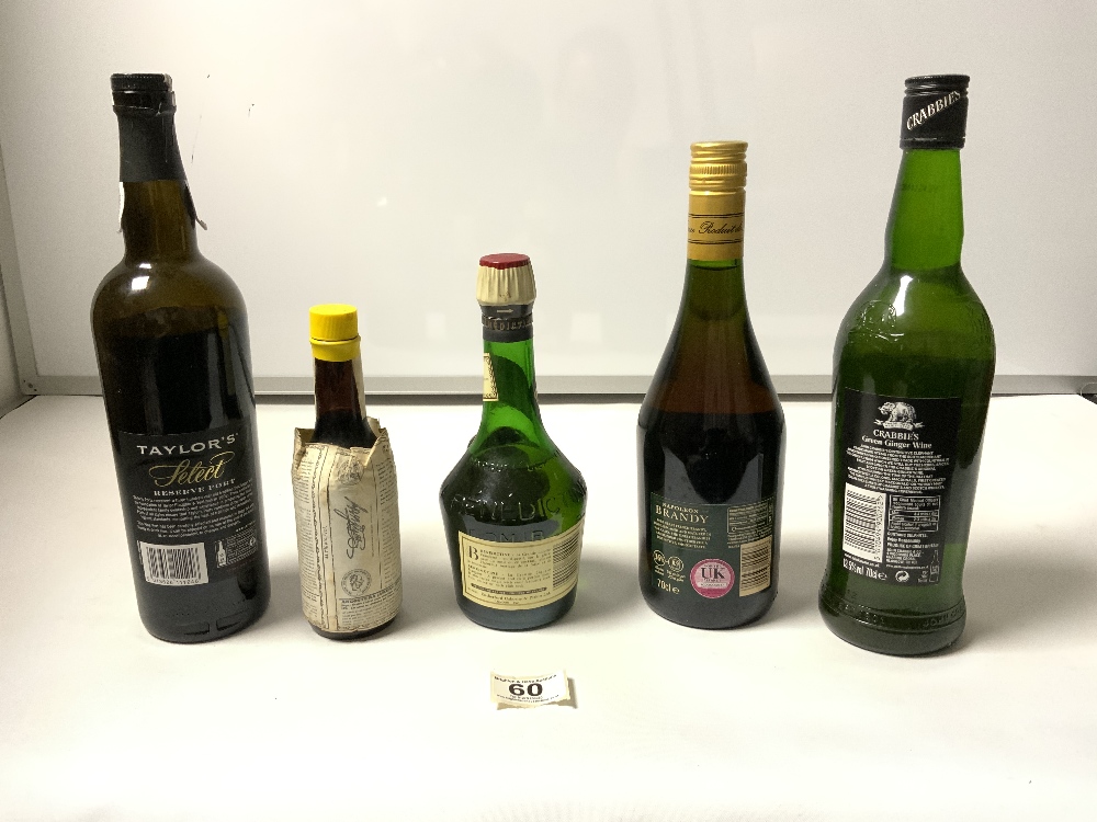 A BOTTLE OF BENEDICTINE LIQUOR, BOTTLE OF BRANDY, TAYLORS RESERVE POST, GINGER WINE AND BITTERS - Image 2 of 4