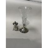 HALLMARKED SILVER WITH CUT GLASS TRUMPET-SHAPED VASE 15.5CM WITH A HALLMARKED SILVER PEPPER