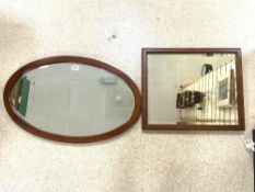 EDWARDIAN OVAL INLAID MAHOGANY FRAMED WALL MIRROR, 50 X 79CMS AND ANOTHER MIRROR