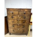 AN IMPRESSIVE VICTORIAN BOW FRONTED FLAME MAHOGANY TWO OVER FOUR CHEST OF DRAWERS, 144 X 105 X 52.