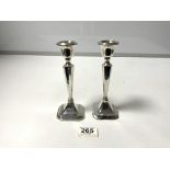 A PAIR OF HALLMARKED SILVER SQUARE TAPER CANDLESTICKS, CHESTER, MAKER - JAMES DEAKIN & SONS, 18CMS