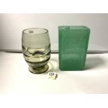 A GREEN VASE - POSSIBLY BY POWELL OF WHITEFRAIRS, 23CMS, AND A RECTANGULAR GREEN HEAVY GLASS BUBBLED