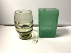 A GREEN VASE - POSSIBLY BY POWELL OF WHITEFRAIRS, 23CMS, AND A RECTANGULAR GREEN HEAVY GLASS BUBBLED