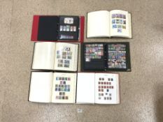 A TOWER STAMP ALBUM CONTAINING GB AND WORLD STAMPS, 3 X MERTON STAMP ALBUMS OF EUROPE, CHANEL
