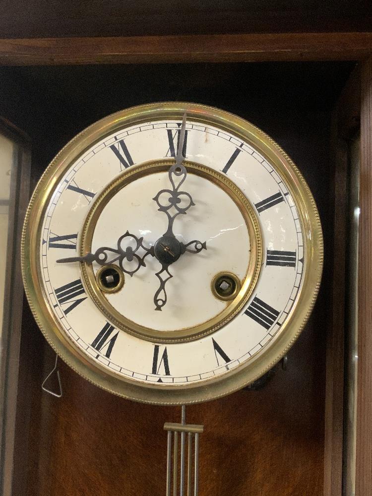 19TH CENTURY WALNUT CASED VIENNA WALL CLOCK WITH WHITE ENAMEL DIAL FLANKED BY TURNED COLUMNS, 98CMS - Image 3 of 4