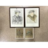 A PAIR OF PRINTS OF HOLBEIN'S DRAWINGS, 27 X 35CMS AND A PAIR OF BALLERINA PRINTS