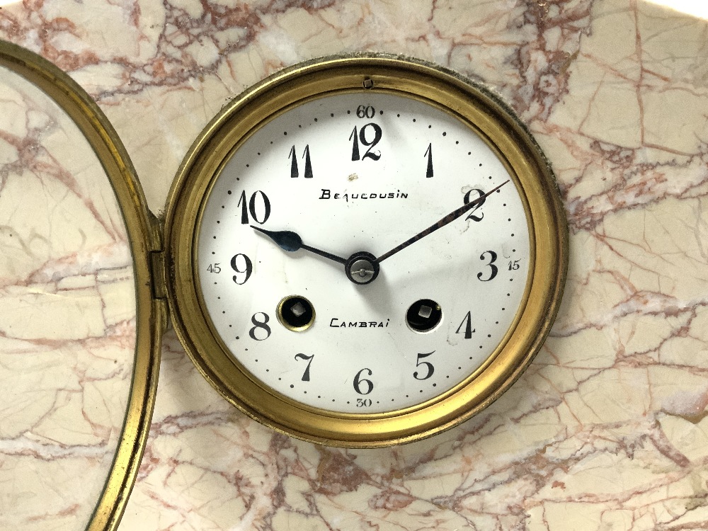 A FRENCH ROUGE MARBLE CLOCK GARNITURE WITH STRIKING MOVEMENT AND ENAMEL DIAL MAKER - BECUCOUSIN - - Image 2 of 6