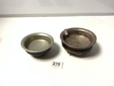 TWO VINTAGE TIBETAN WOOD AND SILVERED FOOTED BOWLS, 14 X 13CMS