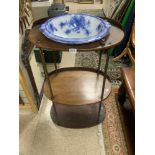 OVAL MAHOGANY AND PLY GALLERIED OVAL WASHSTAND AND BOWL WITH BRASS SUPPORTS
