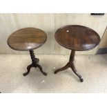 TWO MAHOGANY CIRCULAR TOP OCCASIONAL TABLES ONE WITH SIMULATED ROSEWOOD BASE AND ONE WITH OAK BASE
