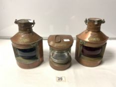 TWO VINTAGE COPPER PORT AND STARBOARD SHIPS LAMPS, MADE BY TUNG WOO (HONG KONG), AND A VINTAGE