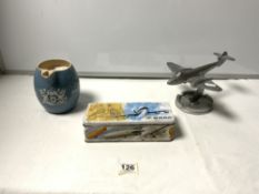 BOAC WADE WATER JUG, BOAC BISCUIT TIN AND A 1950S CAST ALUMINUM AIRCRAFT/ASHTRAY