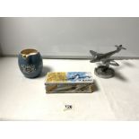 BOAC WADE WATER JUG, BOAC BISCUIT TIN AND A 1950S CAST ALUMINUM AIRCRAFT/ASHTRAY