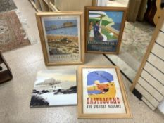 THREE REPRODUCED TRAVEL POSTERS FOR EASTBOURNE AND A PHOTO CANVAS OF SEVEN SISTERS