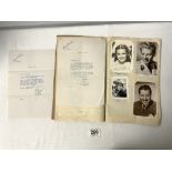 TEXT BOOK CONTAINING PHOTOGRAPHS AND POSTCARDS OF FILM STARS, ALAN LADD, JOHNNY WEISMULLER, JEAN