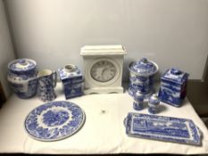 TWO ITALIAN SPODE BISCUIT BARRELS, A RINGTONS FLO BLUE TEA CADDY, BLUE AND WHITE JUG, AND A MODERN