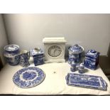 TWO ITALIAN SPODE BISCUIT BARRELS, A RINGTONS FLO BLUE TEA CADDY, BLUE AND WHITE JUG, AND A MODERN