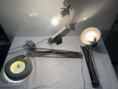 TWO INDUSTRIAL METAL WALL-MOUNTED ANGLEPOISE LAMPS AND AN INDUSTRIAL MAGNIFYING LAMP